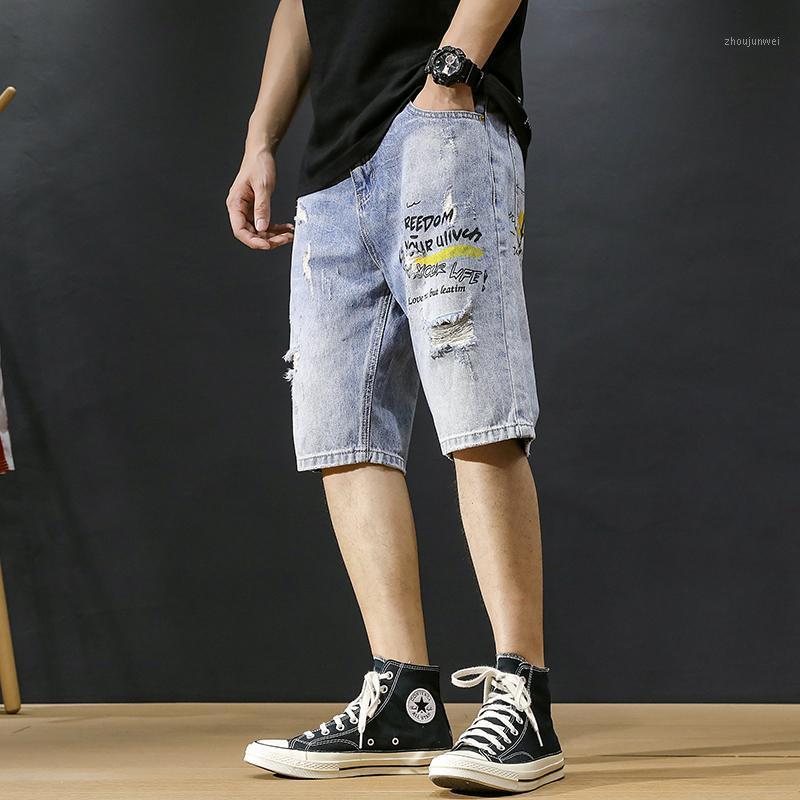 

Brand Ly 2022 Men Jeans Shorts Summer Streetwear Straight Fit Ripped Short Hip Hop Printed Designer Denim Men's, Blue