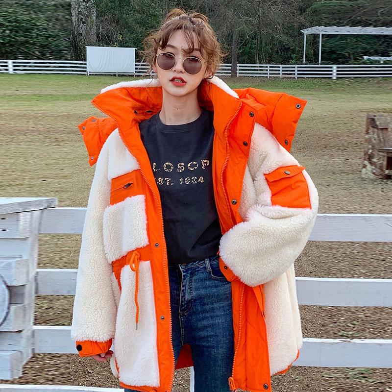 

100% Real Wool Coat Winter Women White Duck Down Jacket Hooded Loose Woman Parka Contrasting colors Thick Warm Outerwear DH187, Gray