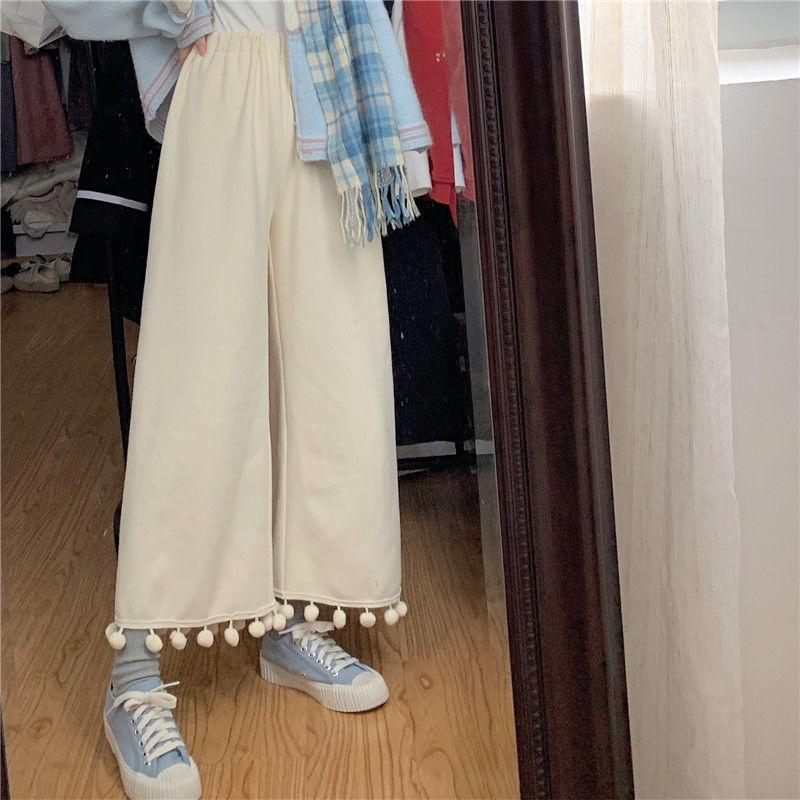 

Lolita Autumn Pants Women Loose Elastic Waist Straight Nine Point Cute Fur Ball Wide Leg Sweet Soft Girl Harajuku Pantalon Femme, Black