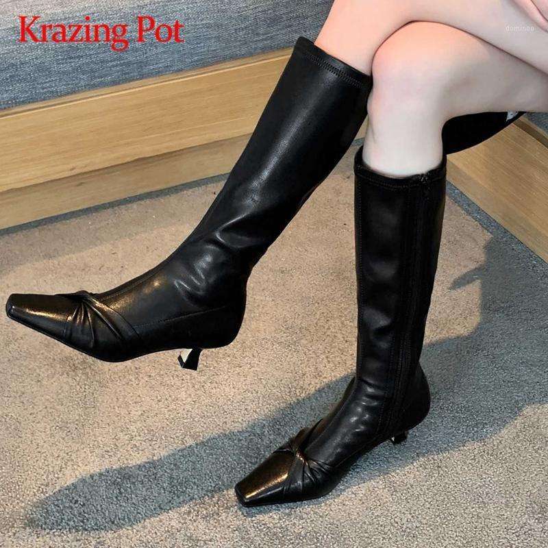 

Krazing Pot french romantic ins designer butterfly-knot sweet fairy square toe thin med heel zipper catwalk knee-high boots L151, Black