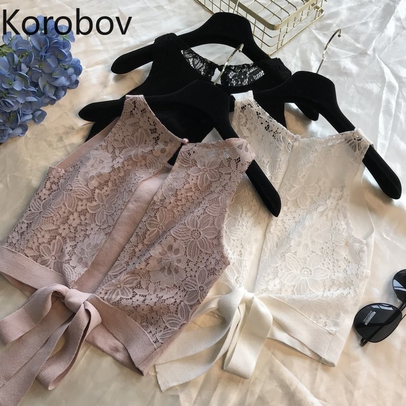 

Korobov Summer Back Split Lacing Bow Short Women Vest Lace Knit Patchwork Hollow Out Sexy Female Tank Tops Femme 77795 Y200422, White