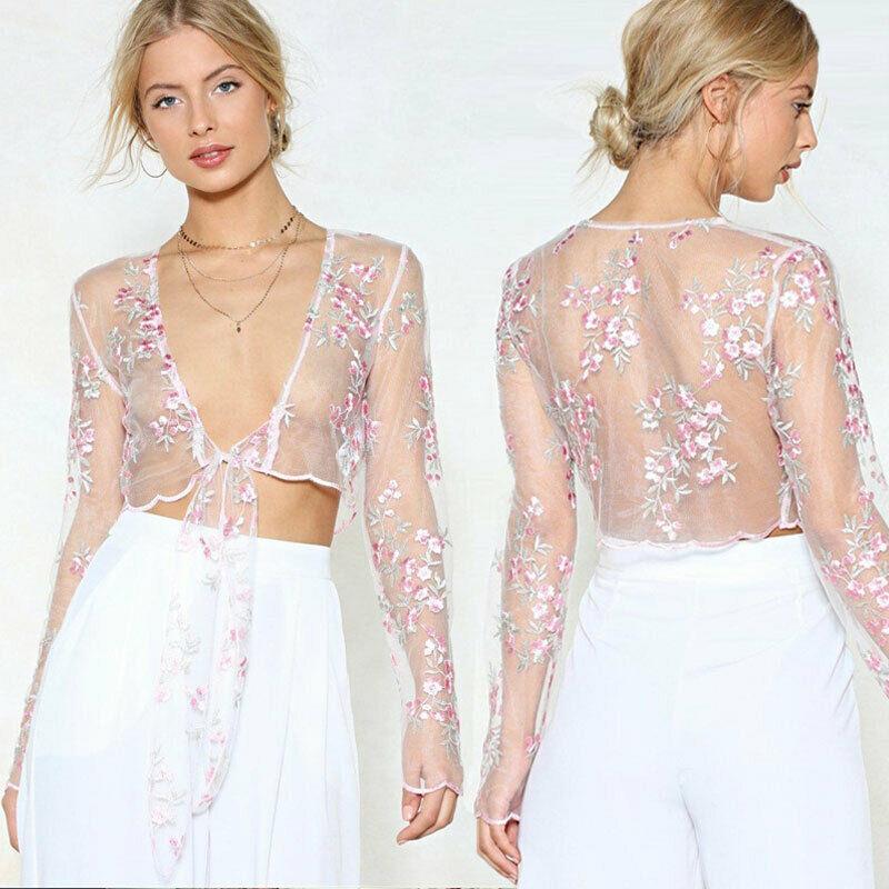 

Women's T-Shirt Sexy Fashion Women See Through Lace Mesh Sheer Transparent Ladies Long Sleeve Crop Top T Shirt Korean Style Tees Mujer, White