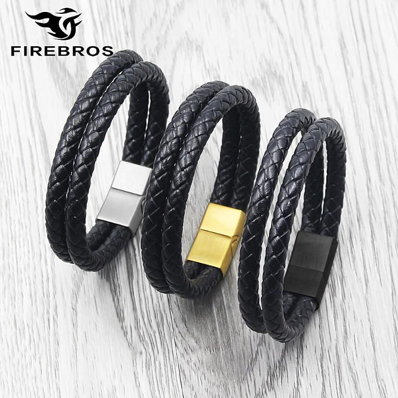

FIREBROS Men Jewelry Gift Multilayers Braided Genuine Leather Bracelet Black Gold Silver Color Stainless Steel Magnetic Clasp