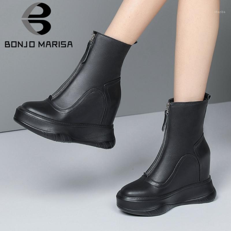 

BONJOMARISA Genuine Leather Round Toe Zipper Chunky Ankle Boots Increasing Height Platform Boots Women Stylish Shoes Woman1, Black
