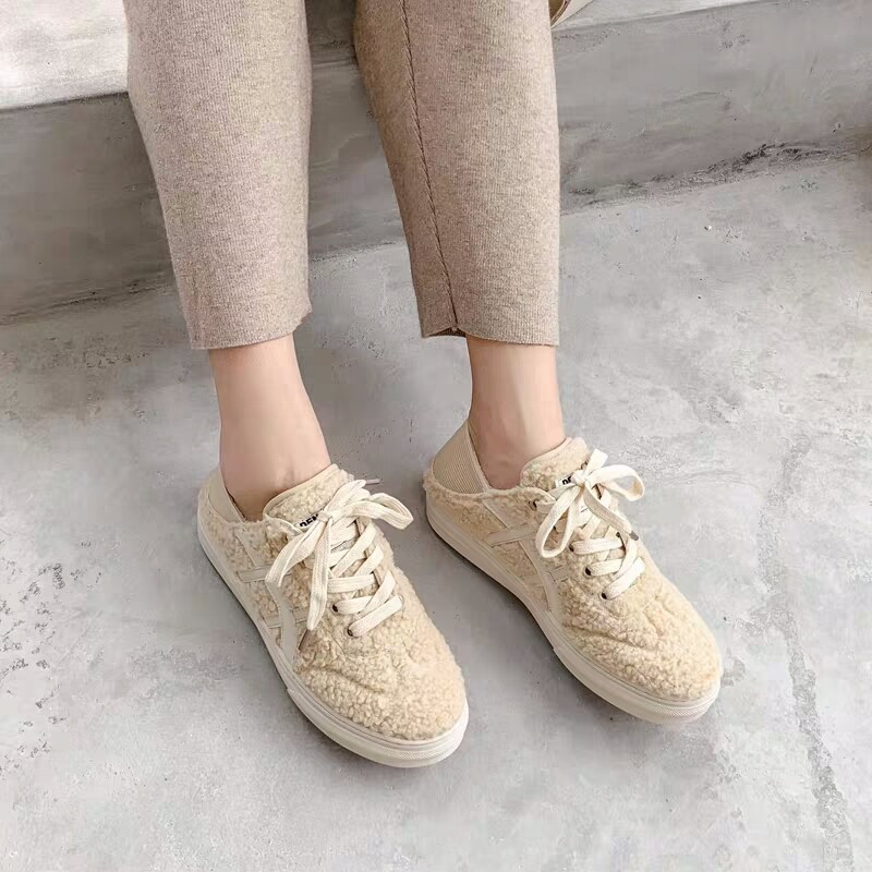 

Women's two wearing fur plus velvet cute wild cotton Korean version of single students white shoes, Beige