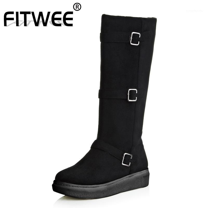 

FITWEE Women Knee High Boots Round Toe Flats Winter Shoes Side Zipper Buckle Black Boots Warm Fur Women Footwear Size 32-431