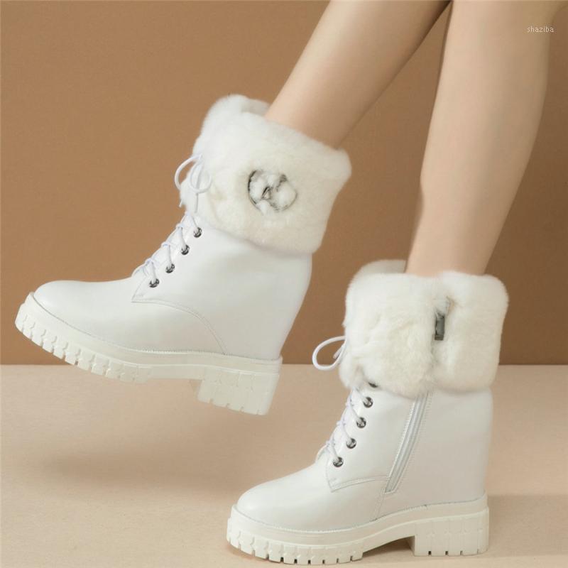 

Winter Lace Up Trainers Women Genuine Leather High Heel Snow Boots Female Warm Fur Fashion Sneakers High Top Casual Shoes1, Black