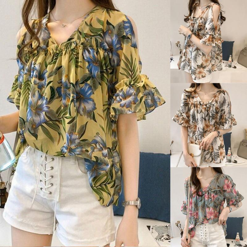 

Women Cold shoulder sexy Elegant T-shirts female Short sleeve Top fashion solid color V-Neck Floral Ruffles Tops, Ye