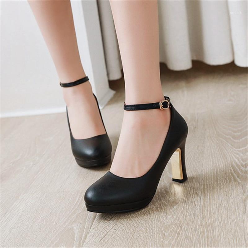

PXELENA Fashion Women Ankle Strap High Heels Shoes Round Toe Work Career Office Lady Dress Party Shallow Pumps 2021 Spring 34-431, Black