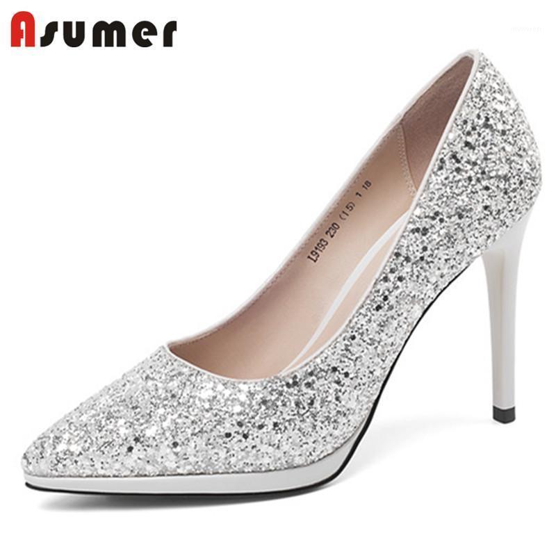 

ASUMER 2021 new arrive women pumps Sequins pointed toe party wedding shoes spring summer high heel platform shoes ladies1, Black