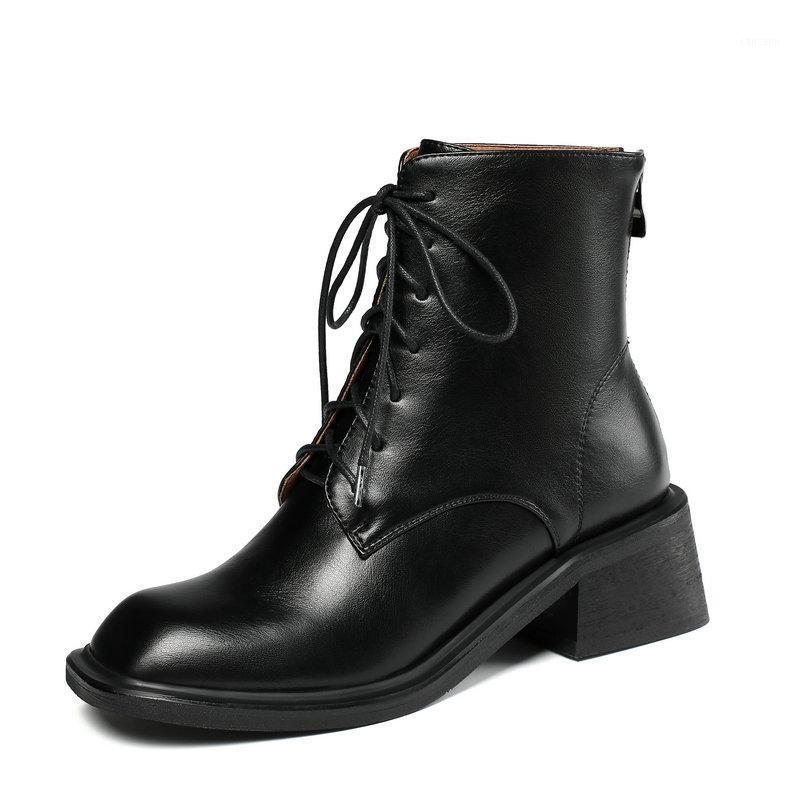 

Microfiber Leather Thick med Heels Ankle Boots Riding Boots Women square Toe lace up Female Cowhide Short Size 33-431, Beige