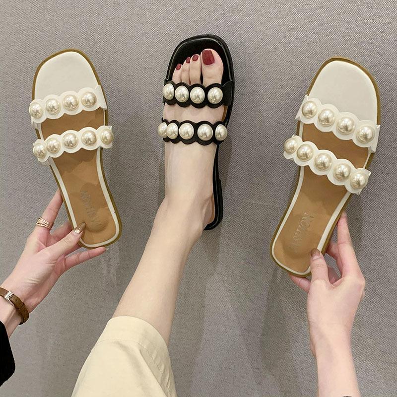 

Fashion Brand Party Dresses shoes Fulgurant Pearl Sandals thin Belt Roman Flat Women Flip Flops Casual Beach Flat Slippers1, 002 black