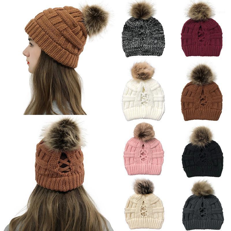 

Beanie/Skull Caps 2021 Hairball Knitted Hat Round Wool Cap Folds Head Accessories Hats Cross Solid Cover Headscarf Women Bonnet Caps1, Dark grey