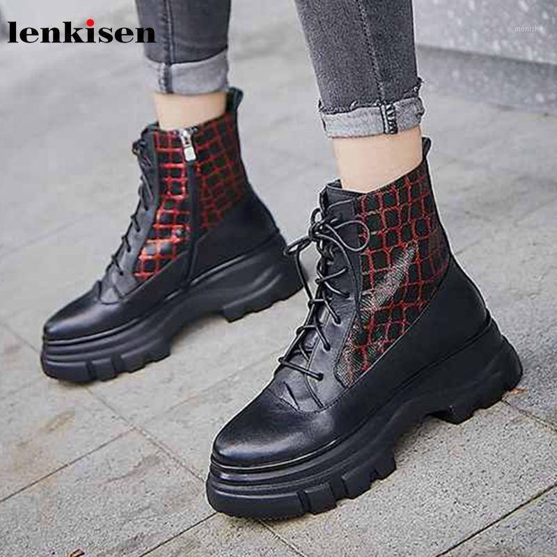 

Lenkisen thick bottom print genuine leather round toe high heels punk lace up campus keep warm winter women cozy ankle boots L061, Black
