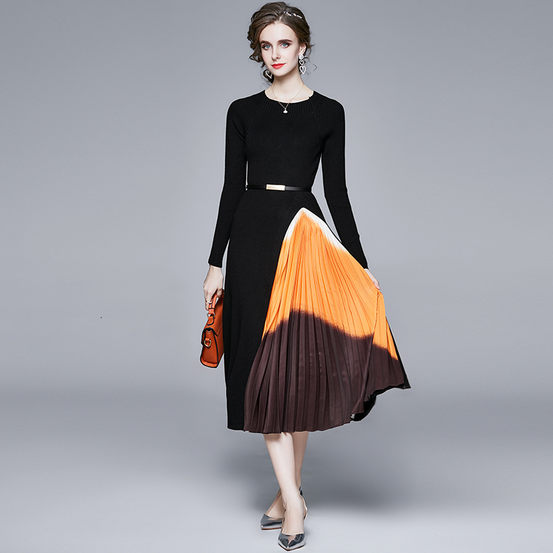 

2021 New Merchall Women Autumn Winter Knitted Patchwork Sweater O-neck Long Sleeve Slim Lady Bodycon Robe Es Vestidos Wial, Black