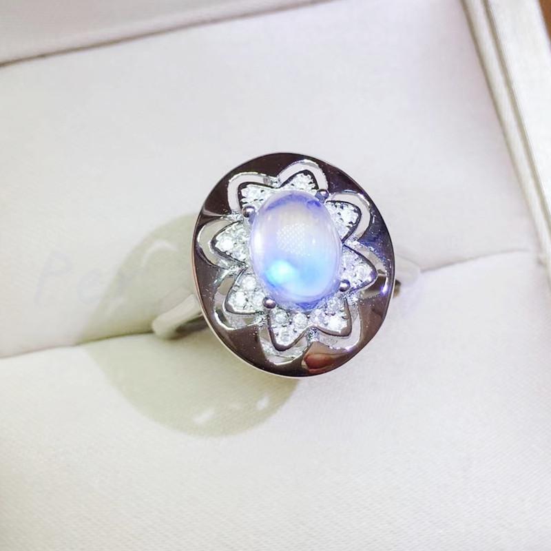 

Cluster Rings Per Jewelry Natural Real Blue Moonstone Flower Ring 6*8mm 1.3ct Gemstone 925 Sterling Silver Fine Q2042231, Golden;silver