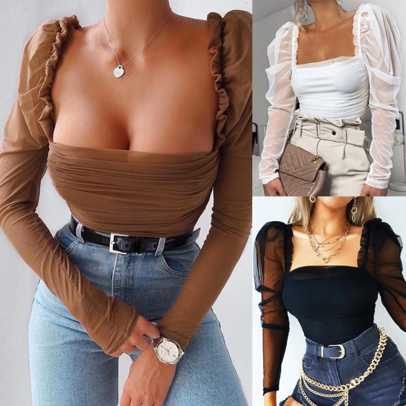 

New Long Sleeve Tube top Sexy Blouse Woman Retro Temperament Sexy Ruffled Tight-fitting shirt camisetas mujer