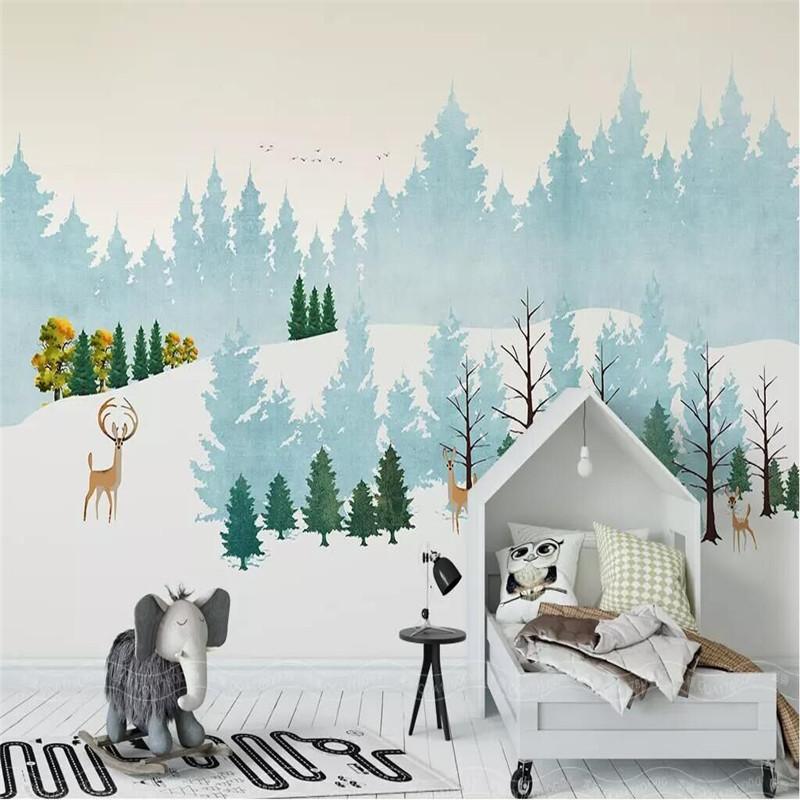 

Nordic minimalist hand-painted elk forest scenery children's background wall manufacturers wholesale wallpaper mural custom phot, As pic