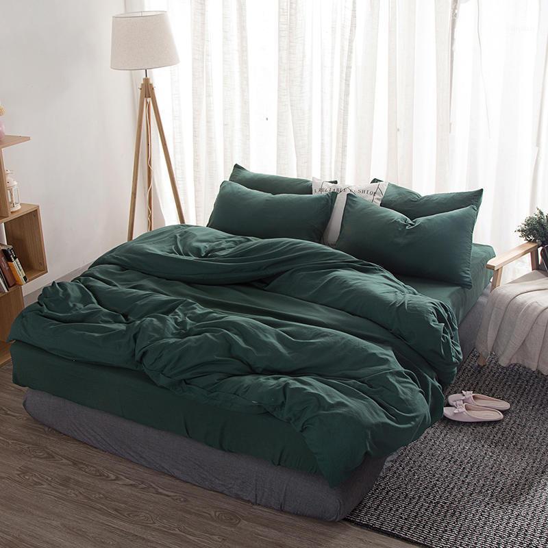 

Soft Washed Cotton Bedding Set Dark Green Bedlinen  Queen King Duvet Cover Bed Sheet Pillowcase Adult Solid Color Bedclothes1