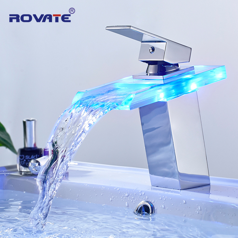 

ROVATE LED Basin Faucet Brass Waterfall Temperature Colors Change Bathroom Mixer Tap Deck Mounted Wash Sink Glass Taps T200107