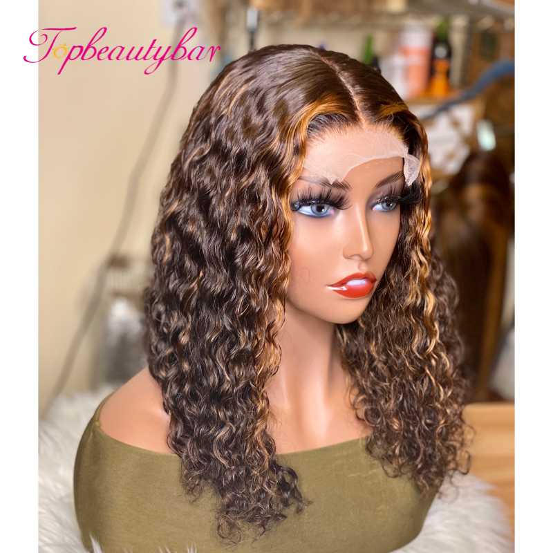 

Topbeautybar T-Part Lace Front Human Hair Wigs Highlight Ombre Curly Brazilian Remy Hair Lace Wigs 180% Density For Women, Black;brown