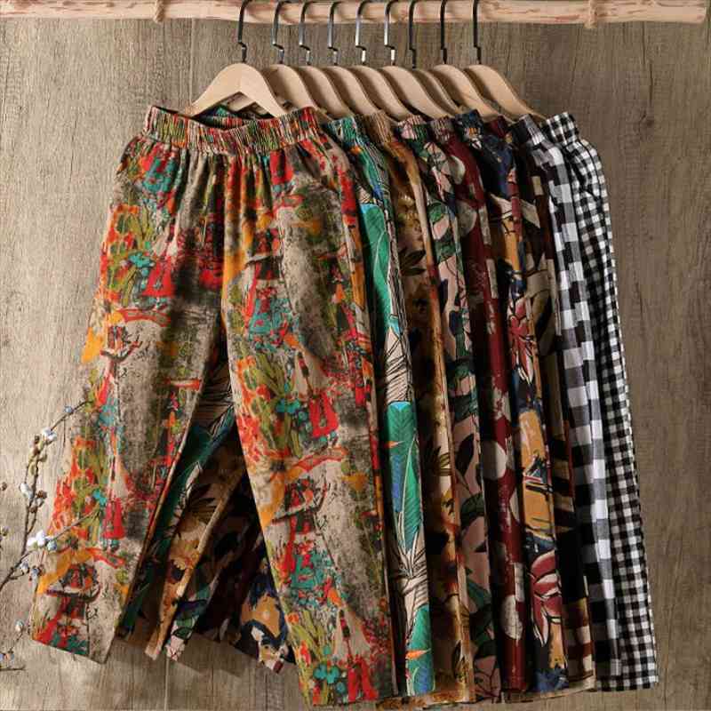 

summer fashion printed cotton linen harem pants for women casual high waist calf-length loose trousers female streetwear, Black;white