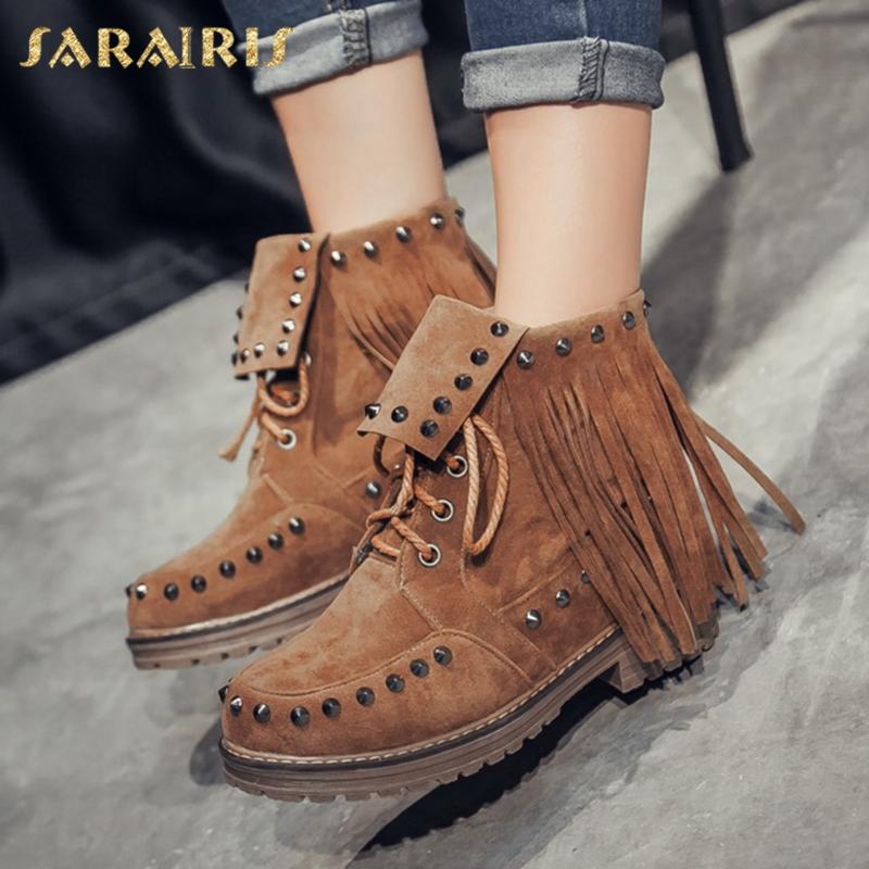 

Sarairis 2021 Hot Sale Concise INS Dropship Shoes Women Booties Shoelace Platform Comfy Chunky Heels Fringe Rivet Ankle Boots, Black