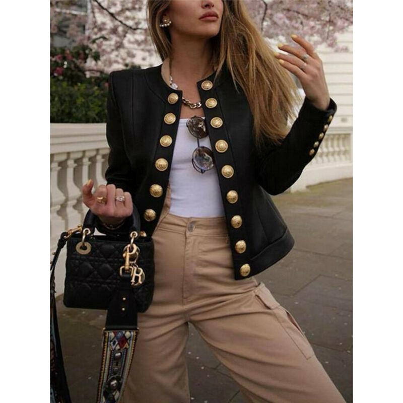 

New Arrival British Style Women' Ladies Buttons Long Sleeve Jacket Short Slim Elegant Coat Biker Casual Tops Button, Black