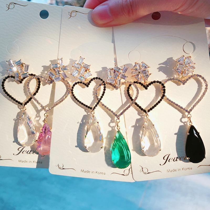 

MENGJIQIAO Korean Fashion Rhinestone Asymmetric Hollow Love Heart Dangle Pendientes For Women Drop Boucle D'oreille Jewelry