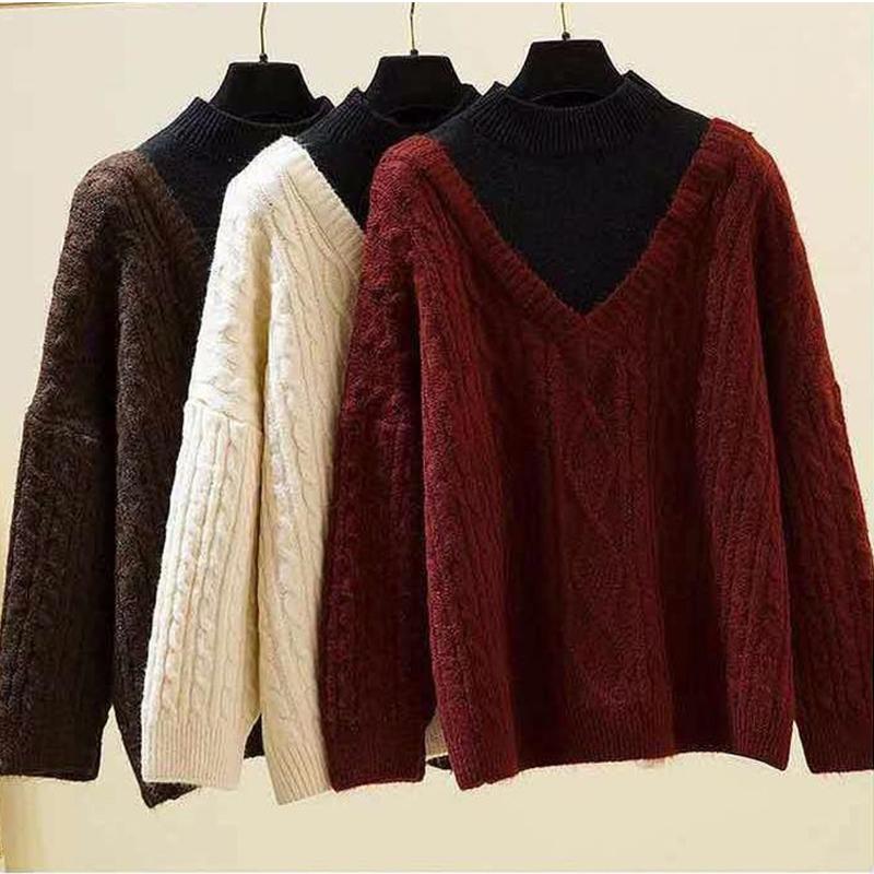

Sweater women's autumn and winter twisted loose thick fake two-piece base pullover long sleeve, Beige