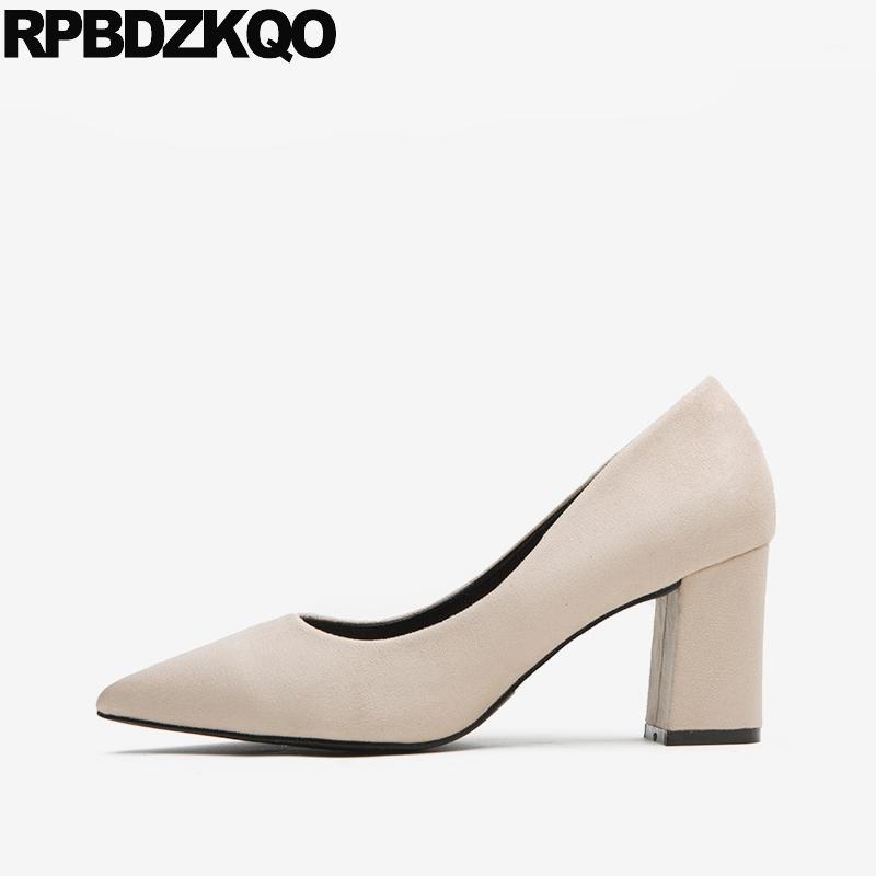 

slip on block heels shoes for women fashion size 33 black pumps pointed toe suede 2019 3 inch office 4 34 thick nude chunky high1