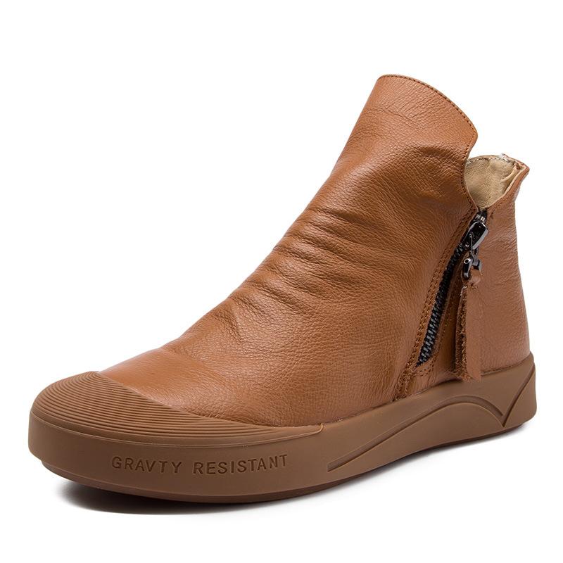 

8061-10 New Fashion Soft Bottom Zipper Casual Shoe Art Fan Women Boots Cowhide Leather Boots Women Shoes, Black velvet linning