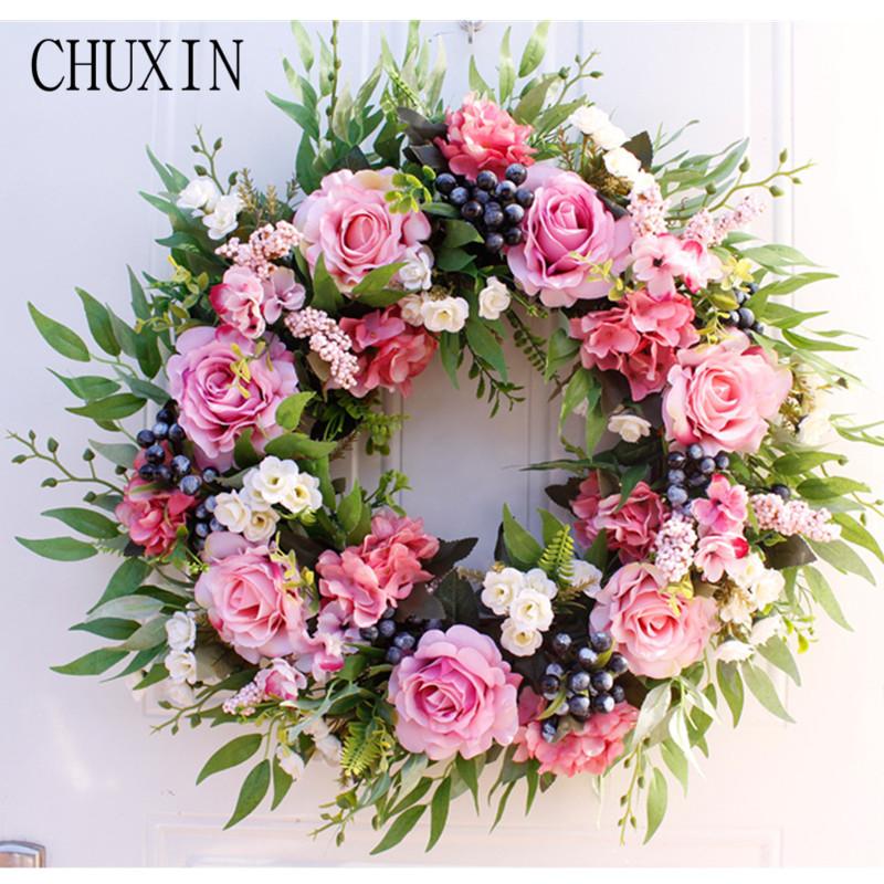 

55cm European artificial flower rose peony berry garland Home door wall hanging decoration Wedding bridal tiara Christmas gift, Champagne pink