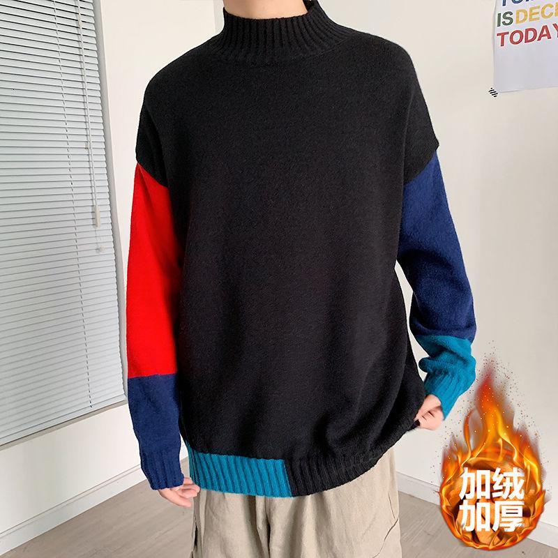 

Stitching Contrast Color Half Turtleneck Sweater Men's Loose Plus Size Autumn And Winter Thick Korean Style Trendy Personality, Black