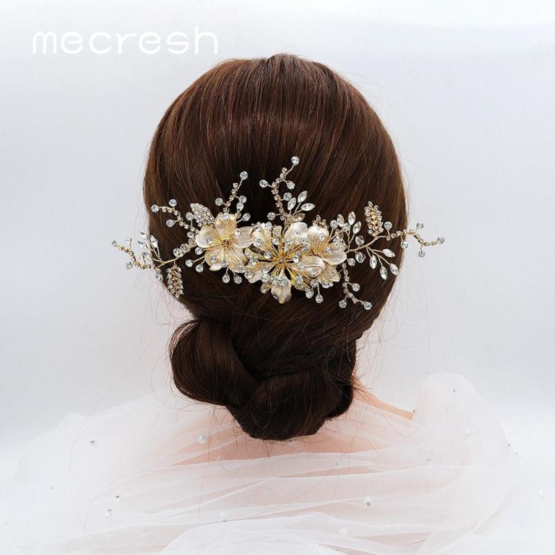 

Mecresh Yellow Flower Crystal Wedding Hair Comb Accessories Gold Color Handmade Women Bridal Headpiece Hair Ornaments 20cm FS3371