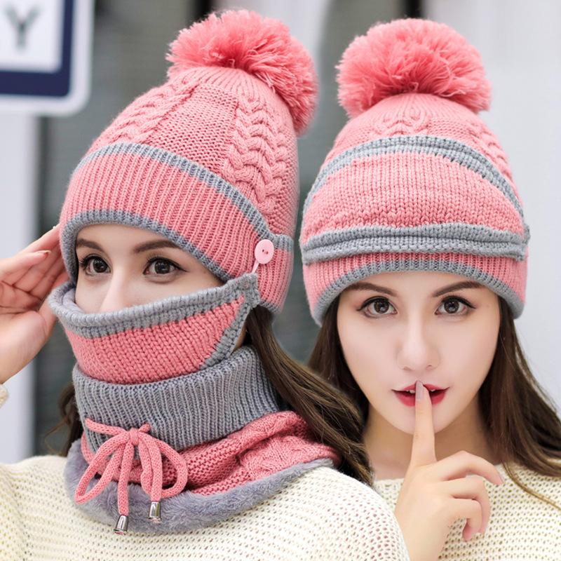 

Three Pom Poms Ball Winter Hat Scarf set For Women Kitted Winter Hats Set Thicken Solid Pink Scarf For Girls Thicken Beanies, Black