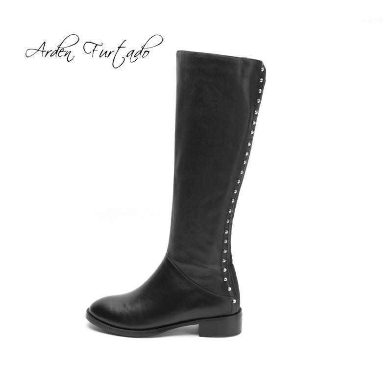 

Fashion women's shoes winter 2020 zipper round toe casual ladies boots concise mature genuine leather rivets knee high boots 401, Black