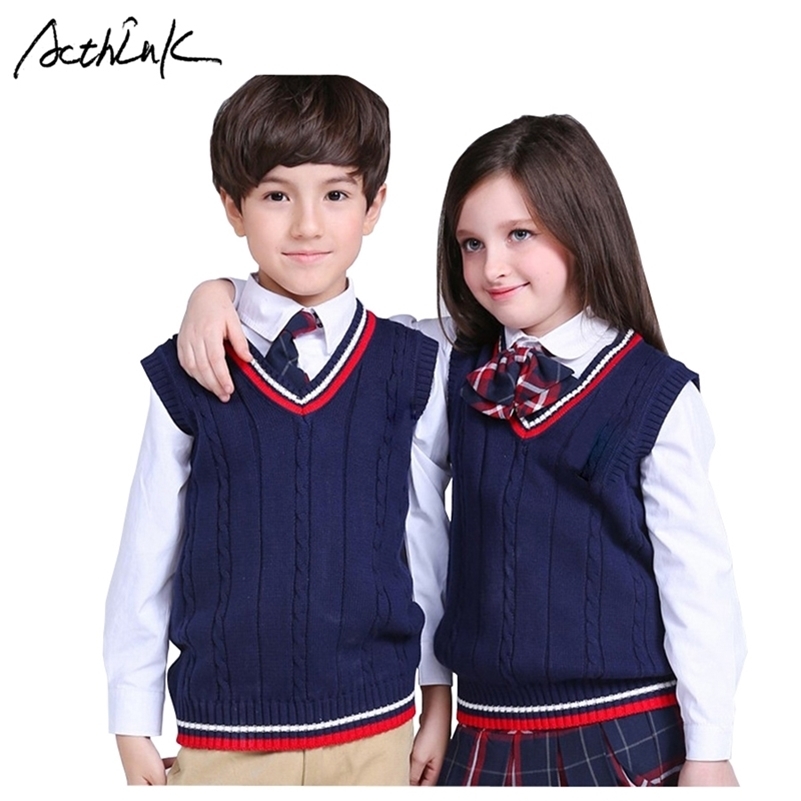 

ActhInK New Girls Vest Sweater Brand School Kids V-Neck Woolen Vest Sweater for Boys Children Fall/Winter Knitted Sweater, C321 201106, Blue