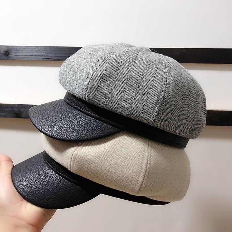 

202012-shi9178 autumn spring Classic herringbone pattern pu brim leisure lady Octagonal hat men women visors cap, Beige