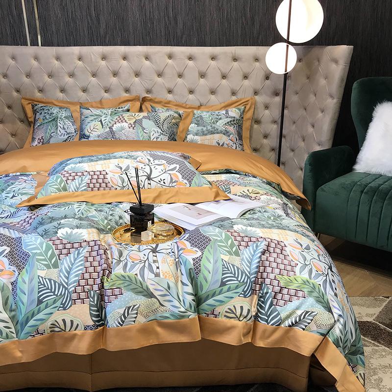 

1000TC King Queen Size Vintage Floral Leaves Duvet Cover Set Luxury Soft Silky Egyptian Cotton Bedding Set Bed Sheet Quilt Cover, Color 1