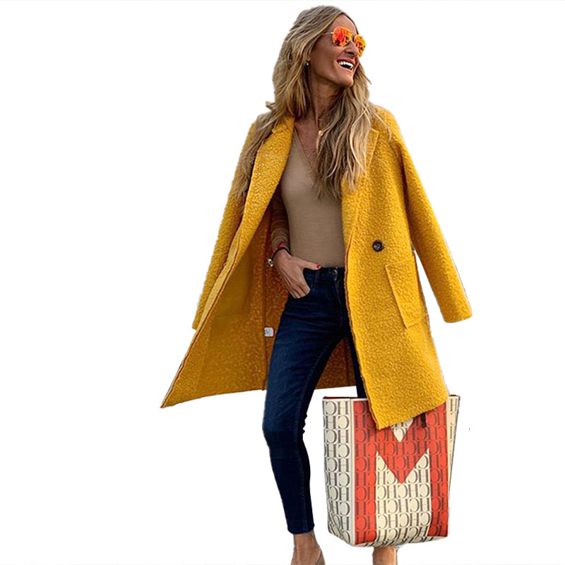 

2021 New Woman winter coats turn-down collar single European and American hot button with sleeve stuffed wool street trend NEJT, Yellow.