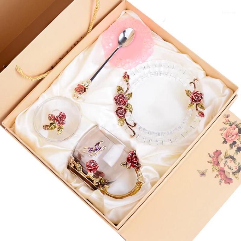

Hand-made Enamel Crystal Cup Glass Coffee Mug Gift Box Cup and Mugs High-grade Glass Couple Mug Lover Wedding Gift1, 350ml red