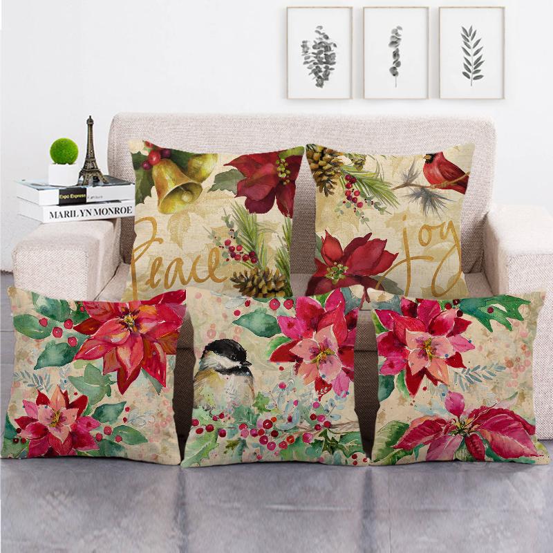 

45cm*45cm watercolor Red Poinsettia design throw cushion cover linen/cotton sofa pillow cover decorative pillow case