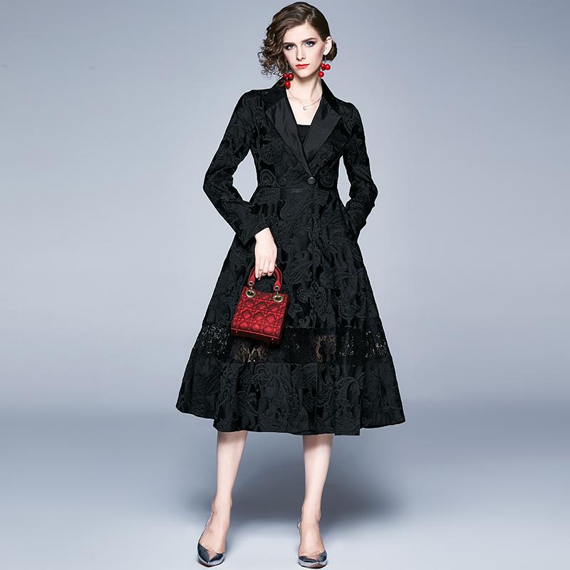 

2020 Autumn / Spring Vintage Black Jacquard Flowers Pattern Lace Pacthwork Long Coat Runway Designer Women Trench XXL