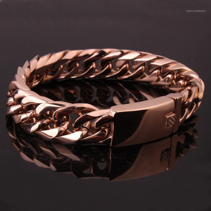 

HIP Hop Stainless Steel Chain & Link Double Cuban Bracelets Biker Rose Gold Color Curb Bracelet Bangles for Men Jewelry1