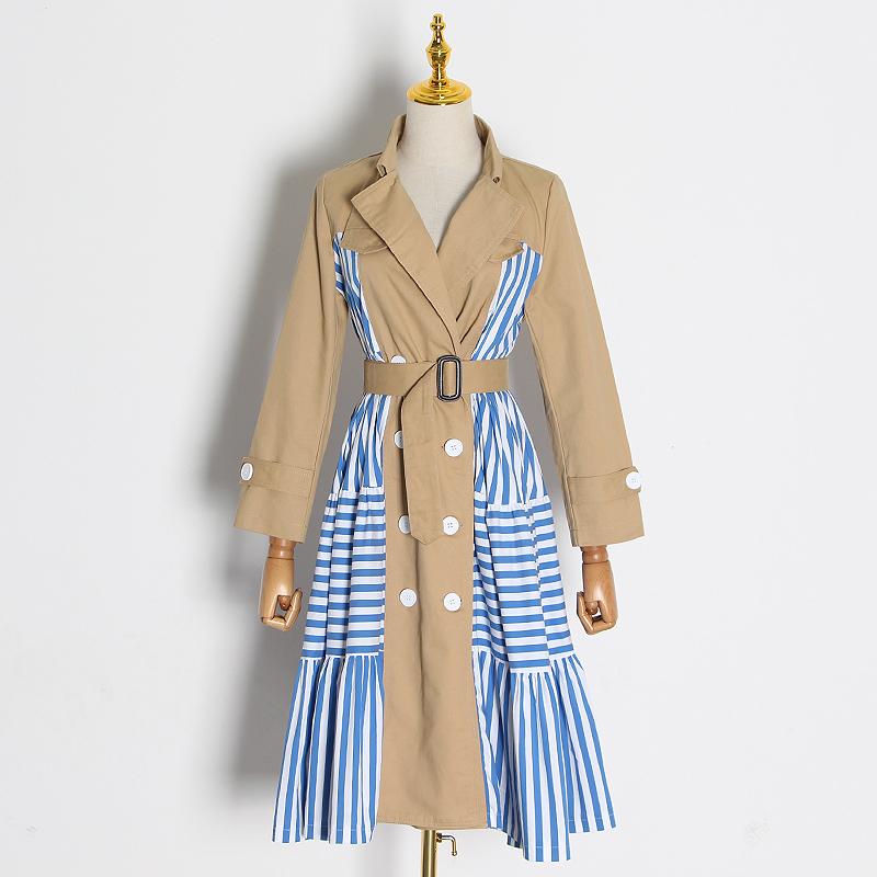 

CNY2020 hot sale new style hot casual patchwork striped windbreaker women collar long sleeve high waist tie windbreaker women, Khaki