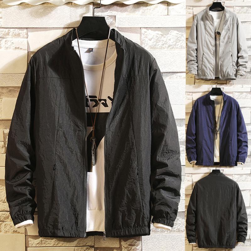 

Fashion Men's Autumn Casual Fashion Pure Color Stand Patchwork Thin Jacket Zipper Coat Casual Dress Women Korea Style, Black