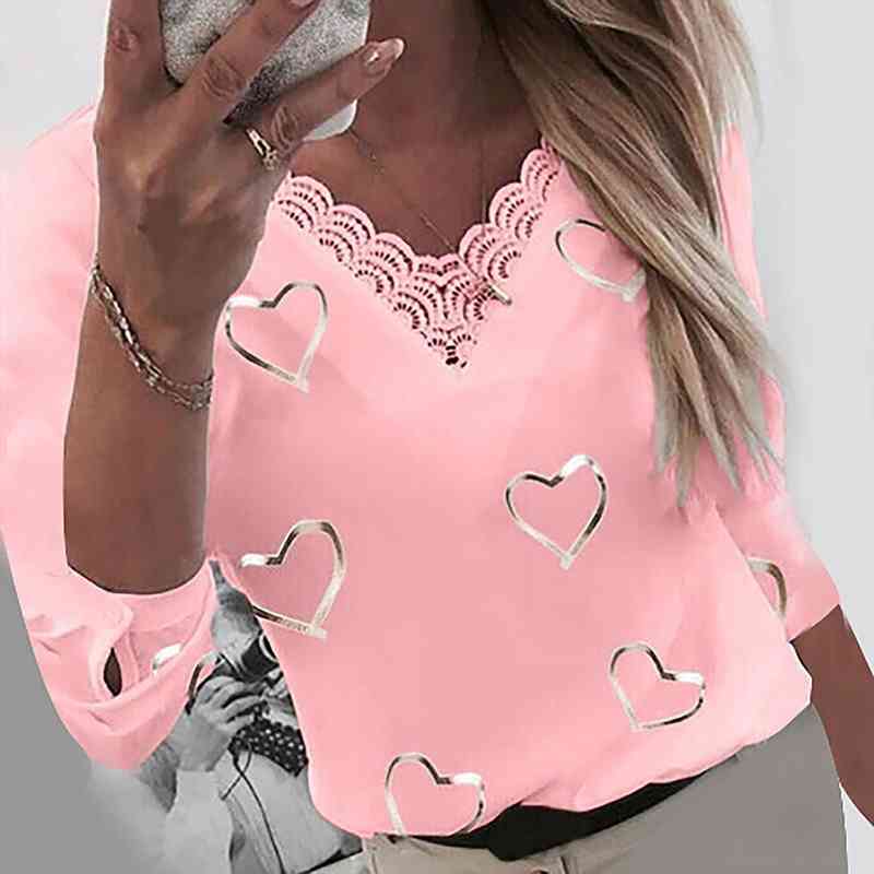 

40 women lace office lady blouses elegant hearts print v-neck patchwork long sleeve pullover shirt top, White