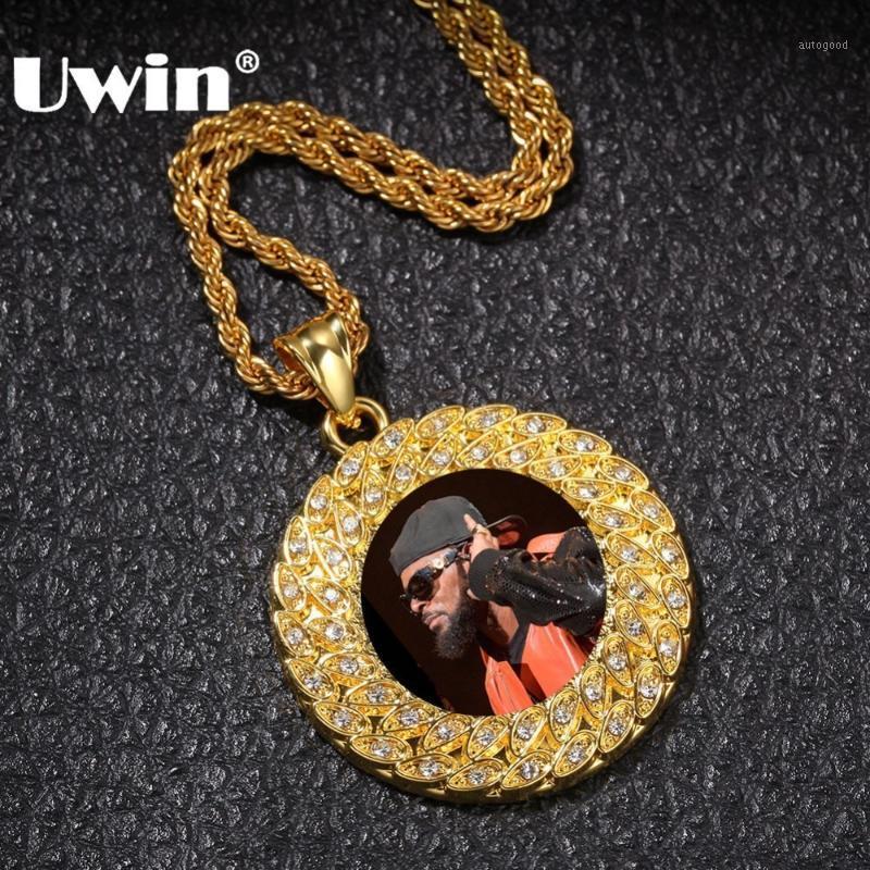 

Chains UWIN Fashion Custom Made Po Pendant Necklace Gold Color Full Iced Out Rhinestones Round Tag Hiphop Jewelry Gifts1