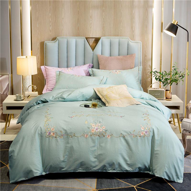 

Green Chinese Style Flowers Embroidery 100% Satin Egyptian Pillowcases Cotton Sheet Linen Bedding Cover Fitted Bed Duvet Set